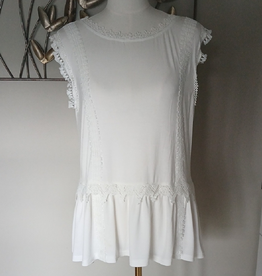 POL-White Lace-Trim Peplum Top-Large
